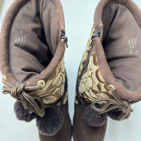 Coach Brown and Tan Patterned Boots with Pom Poms (Size 8) - Picture 2 of 7